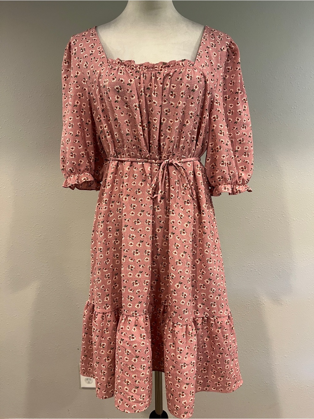 By & by Pink Floral Square-Neck short puff sleeves mini Dress